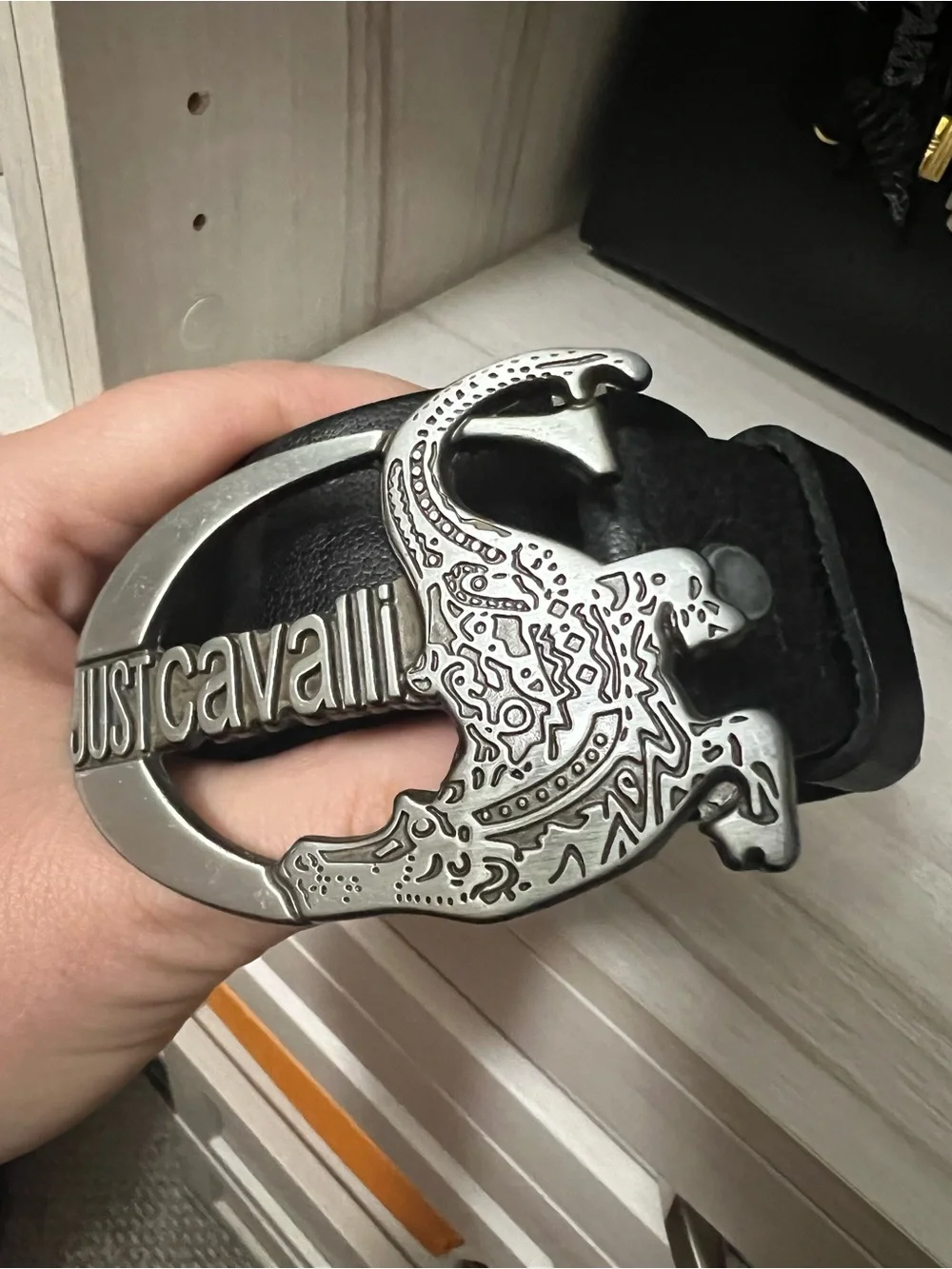 Just Cavalli Black Leather Belt with Silver Crocodile Logo Buckle